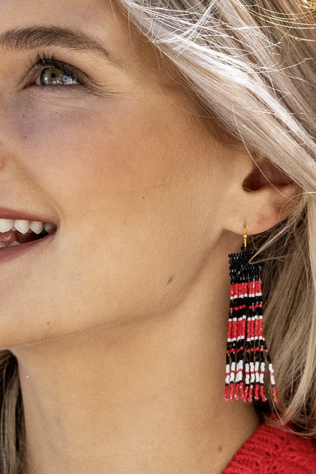 Billie Horizontal Stripes Fringe Earrings - Red & Black