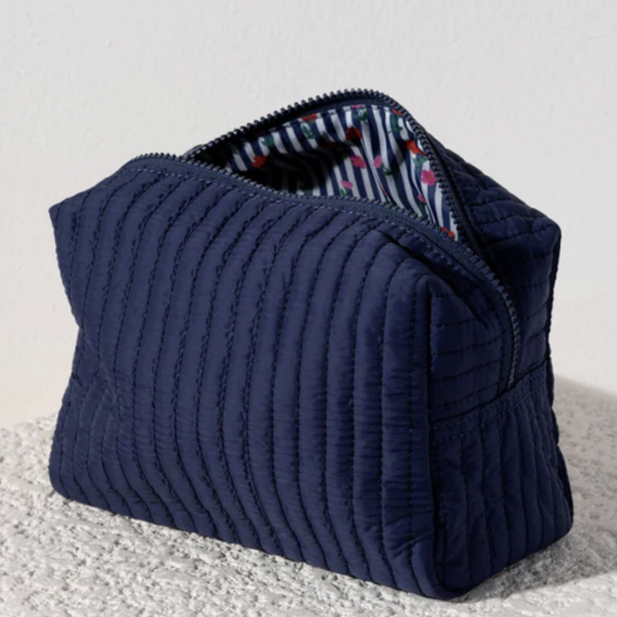 Ezra Quilted Boxy Large Cosmetic Pouch (Navy)