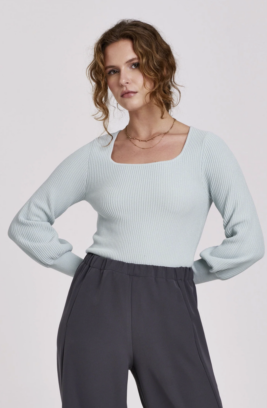 Lincoln Peplum Sleeve Sweater Tranquil Blue