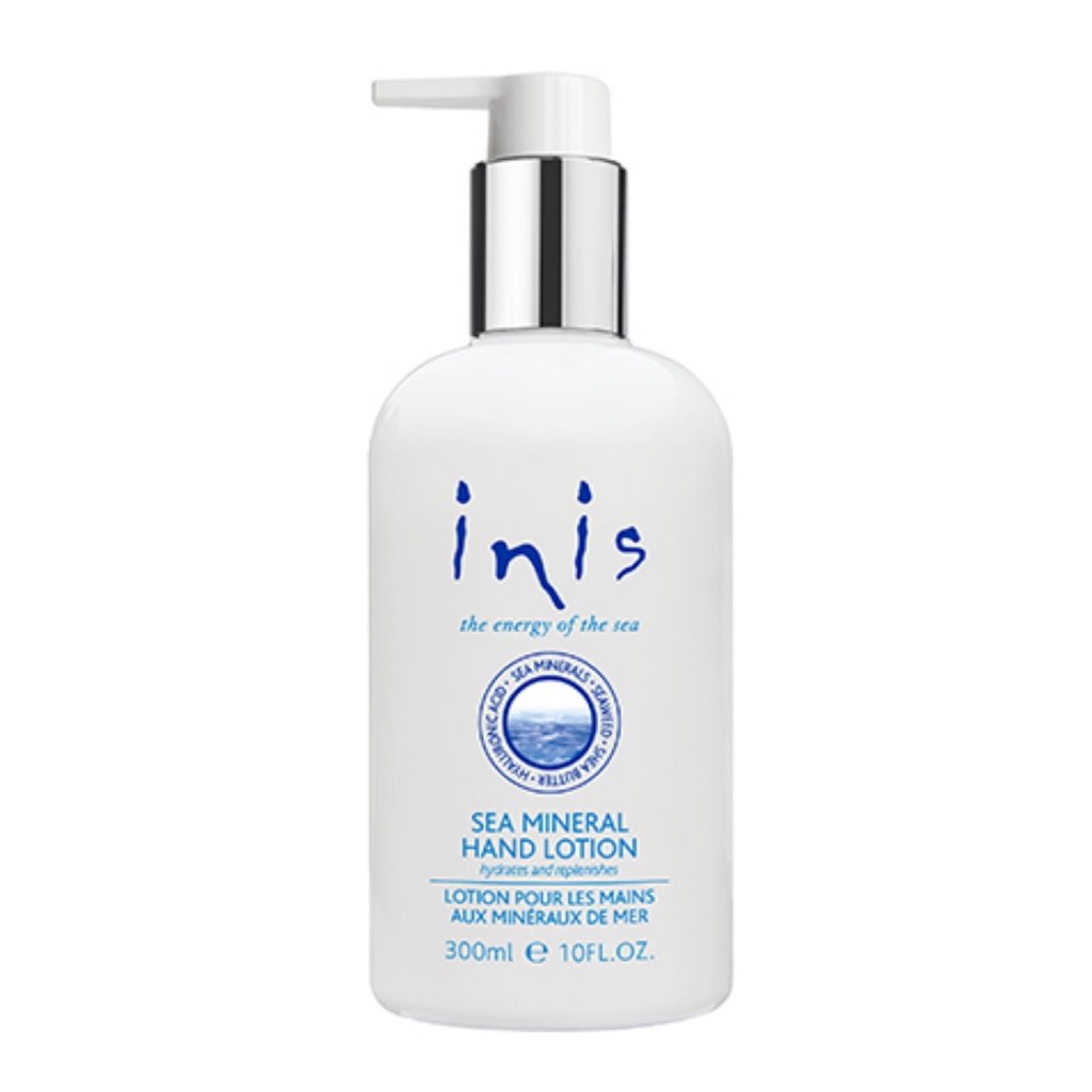 Inis sea mineral hand lotion is light but deeply moisturizing.  Glycerine and hyaluronic acid lock in moisture for lasting hydration.  Energy of the Sea is their signature scent that captures the coolness, clarity and purity of the ocean. Inis contributes to the protection and conservation of Whales and Dolphins.  Shea Butter Grapeseed Oil Hyaluronic Acid Vitamin B & E Seaweed Extracts Never tested on animals 10 oz.